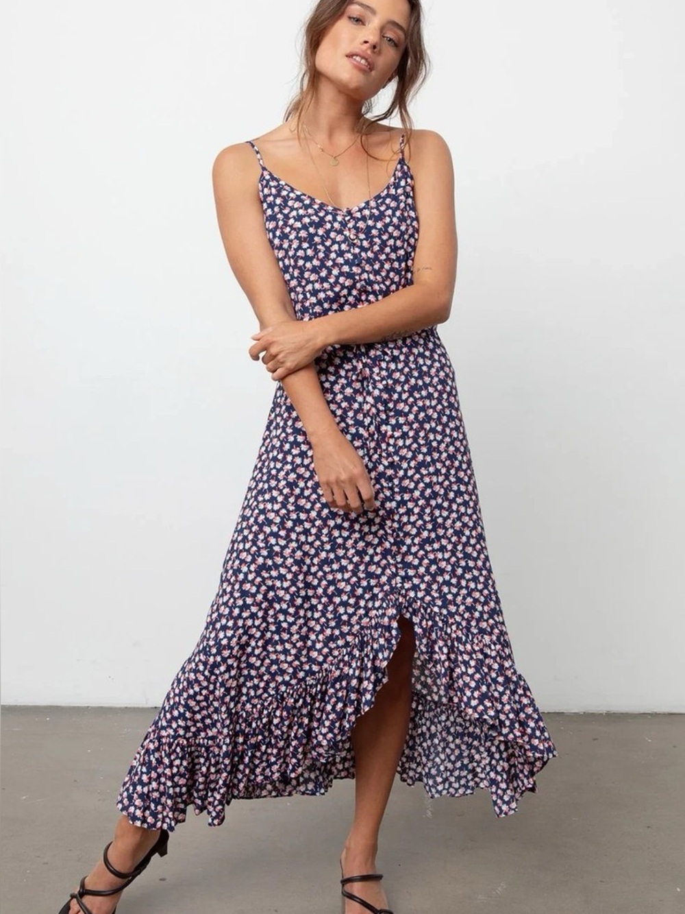 RAILS Navy Floral Slip Maxi Dress with Ruffle Hem
